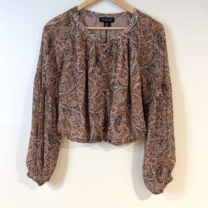 Rachel Zoe Peasant Brown/Colorful Crop Top Hook & eye Boho Festival Bishop Slv